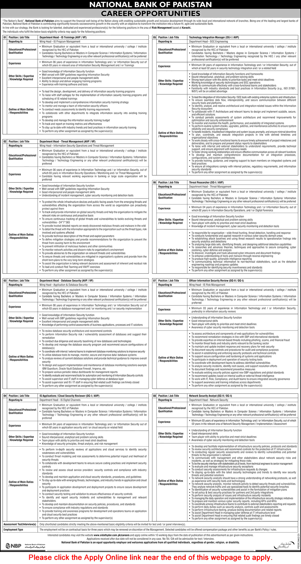 Job advertisement for National Bank of Pakistan showing career opportunities for information security and IT professionals.