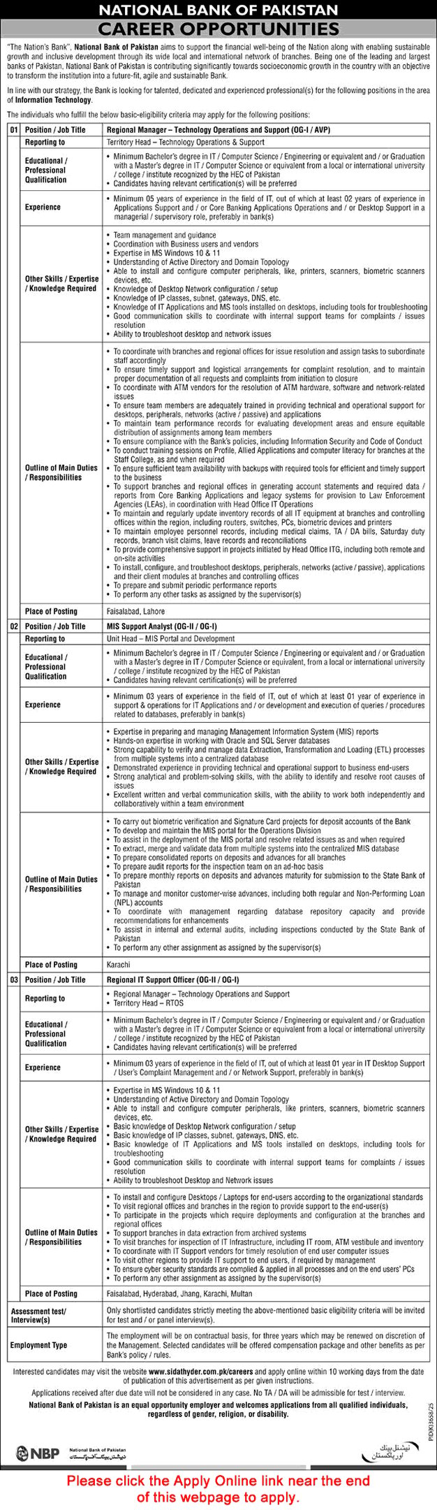 Job advertisement for National Bank of Pakistan career opportunities in Information Technology for regional manager and