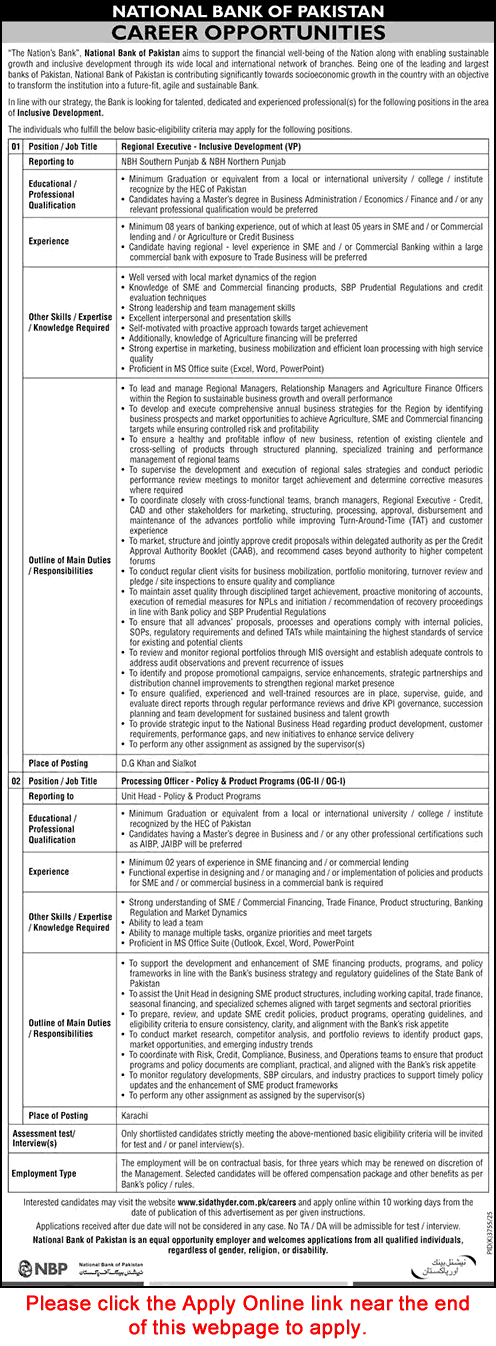 Job advertisement for Regional Executive and Product Manager positions at National Bank of Pakistan NBP.