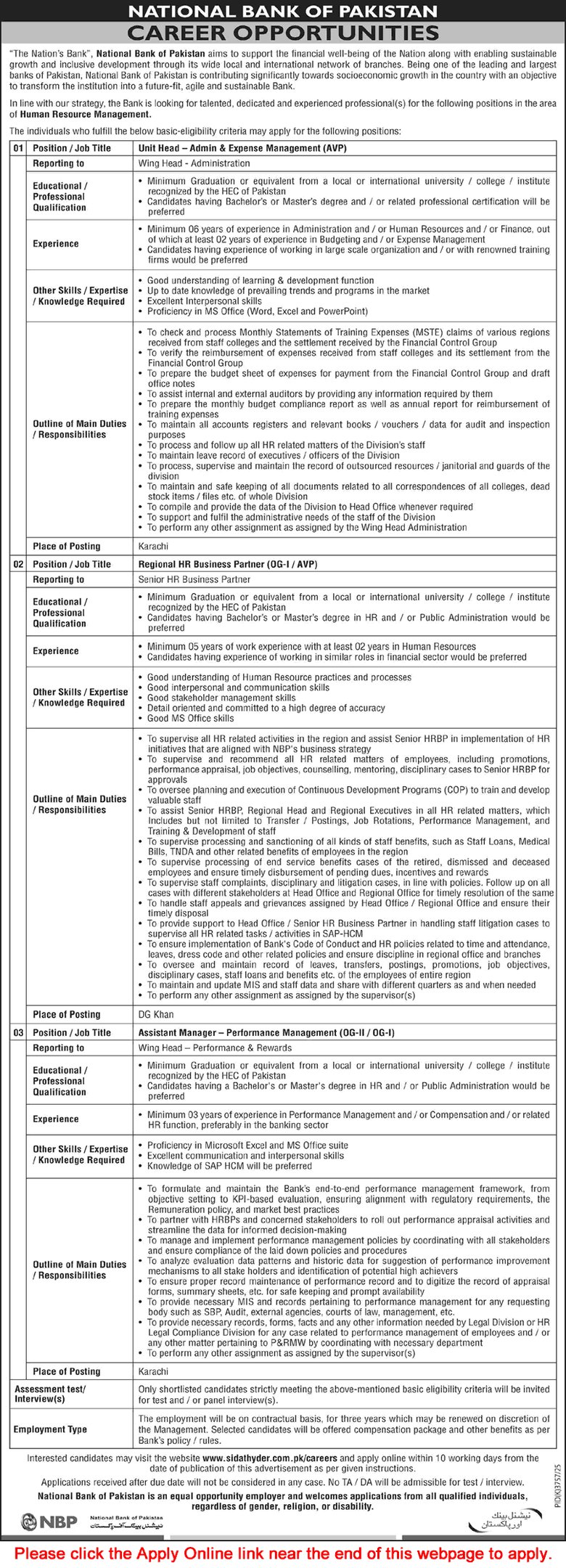 Official job recruitment advertisement from National Bank of Pakistan for Unit Head, HR Business Partner, and Assistant