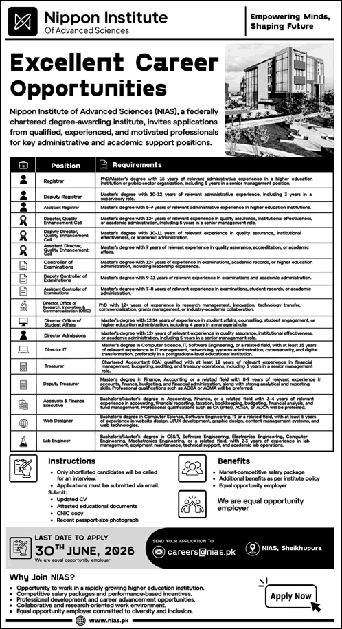 Job advertisement for academic and administrative positions at Nippon Institute of Advanced Sciences showing career