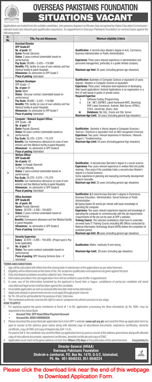 Job advertisement for Overseas Pakistanis Foundation (OPF) vacancies in Islamabad including Assistant Director and Software