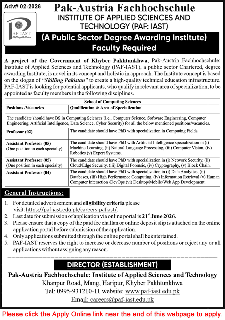 Job advertisement for faculty positions at Pak-Austria Fachhochschule Institute of Applied Sciences and Technology.