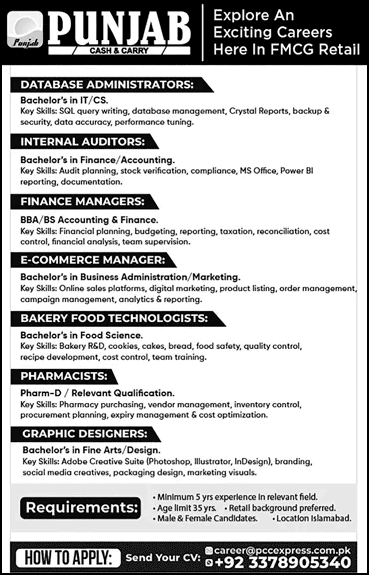 Job advertisement for Punjab Cash & Carry listing career opportunities in FMCG retail for various professional roles.