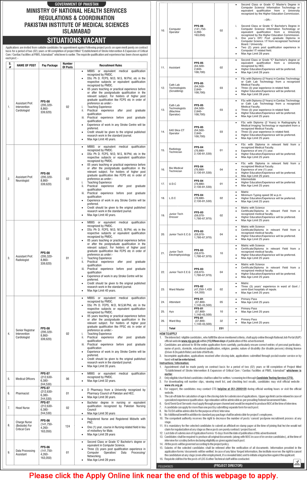 Job advertisement from PIMS Islamabad listing various medical and healthcare vacancies in Pakistan for 2024.