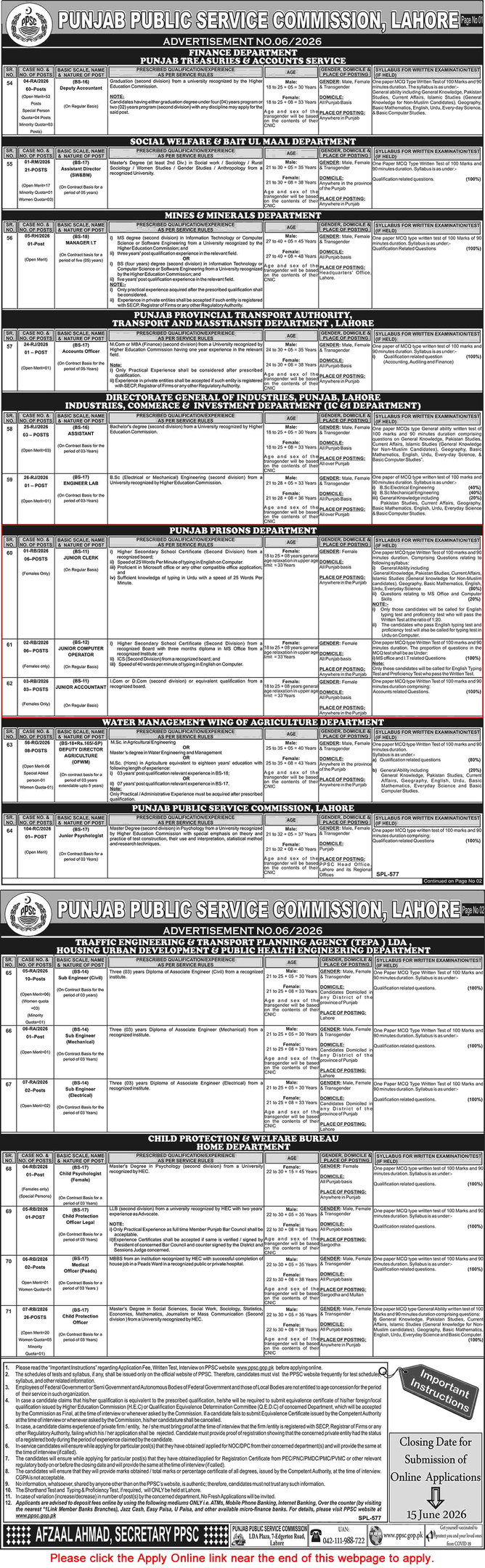 Official Punjab Public Service Commission PPSC job advertisement listing multiple government vacancies and eligibility