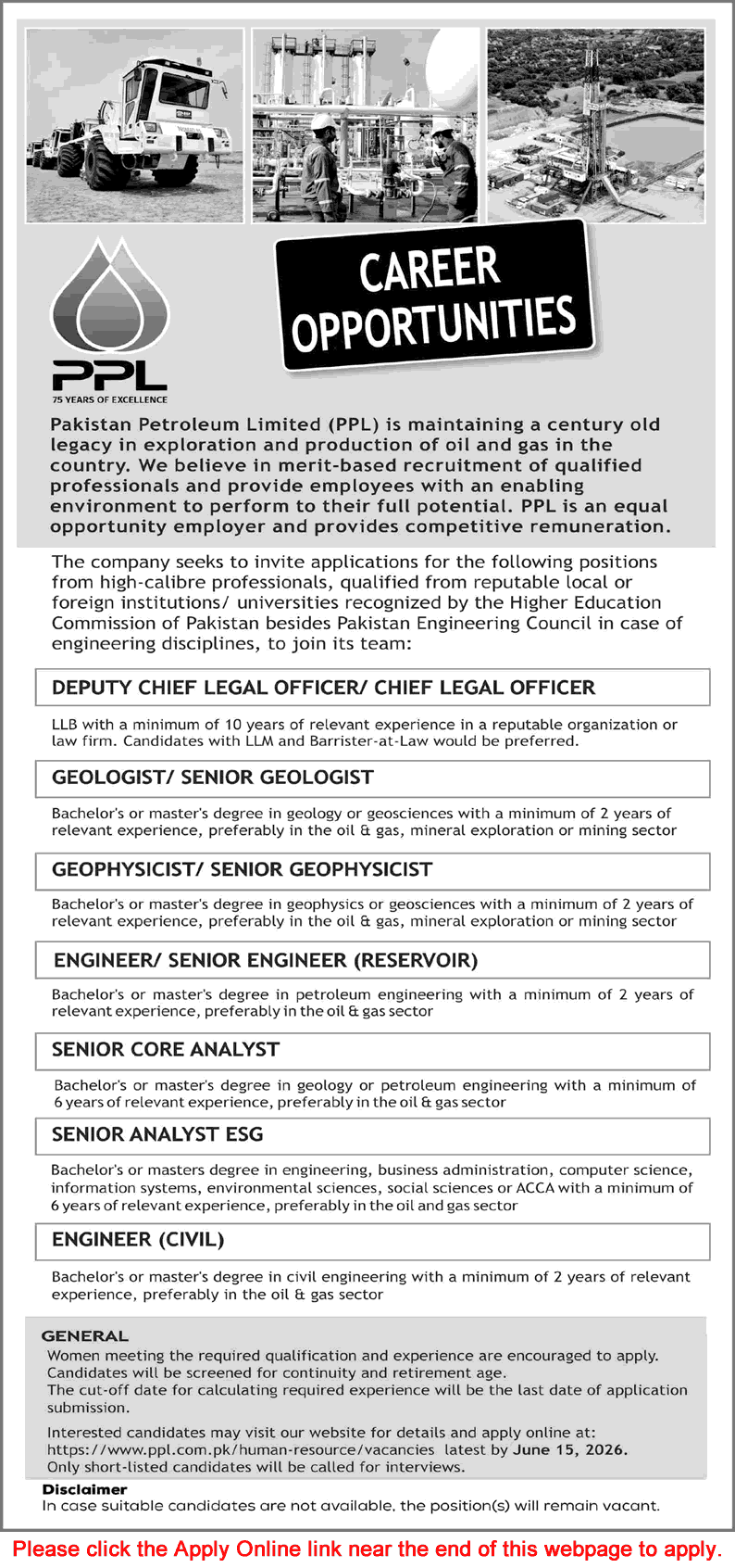 Pakistan Petroleum Limited PPL career opportunities job advertisement for engineers and geologists.