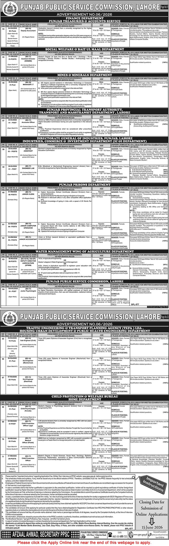 Punjab Public Service Commission PPSC Advertisement No. 06/2026 listing job vacancies for government positions in Lahore.