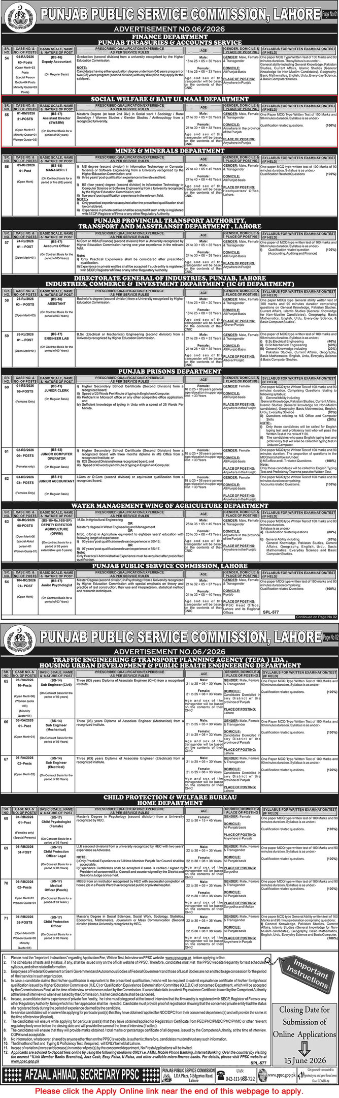 Punjab Public Service Commission PPSC Advertisement 06 2026 listing job vacancies for government positions in Lahore.