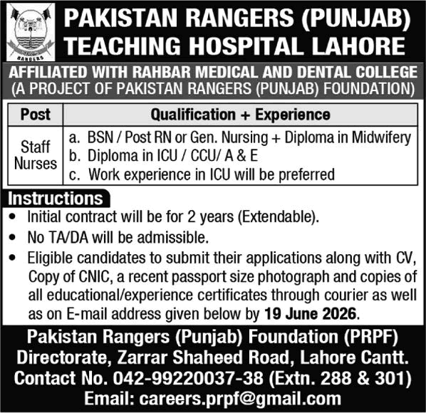 Job advertisement for staff nurses at Pakistan Rangers Teaching Hospital Lahore with qualification details.