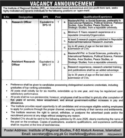 Vacancy announcement from the Institute of Regional Studies for Research Officer and Assistant Research Officer positions.