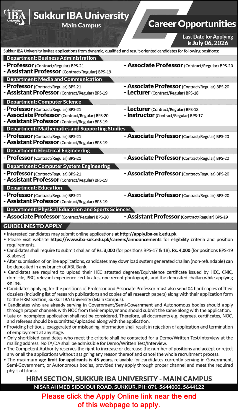 Job advertisement for faculty positions at Sukkur IBA University Main Campus including Professor and Lecturer roles.
