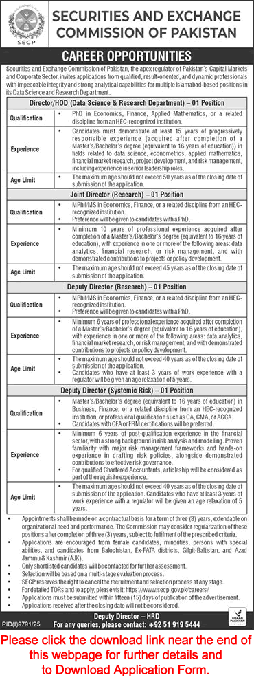 Job advertisement for career opportunities at the Securities and Exchange Commission of Pakistan SECP listing director and