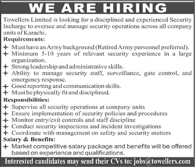 Job advertisement for a Security Incharge position at Towellers Limited in Karachi, Pakistan.