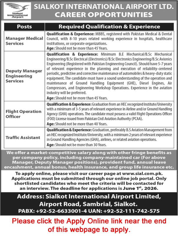 Job advertisement for career opportunities at Sialkot International Airport for Flight Operation Officer and Manager