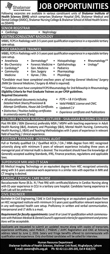 Job opportunities advertisement for Shalamar Institute of Health Sciences listing medical and administrative vacancies.