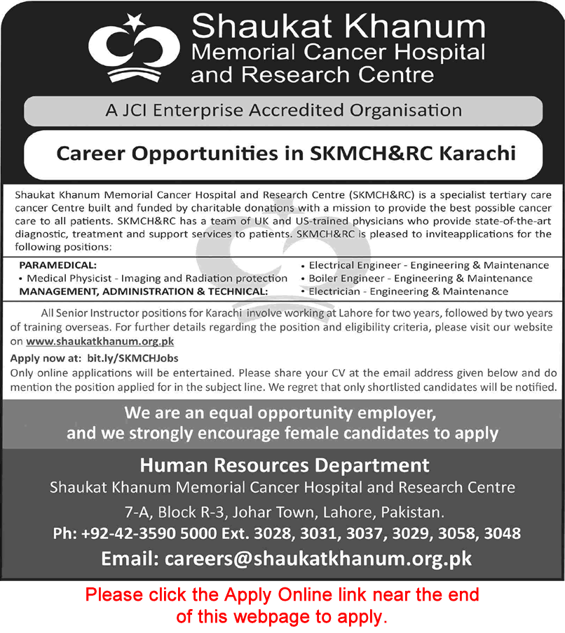 Job advertisement for Shaukat Khanum Memorial Cancer Hospital career opportunities in Karachi.