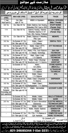 Job advertisement for Shaukat Omar Memorial Hospital in Karachi listing medical and technical vacancies.