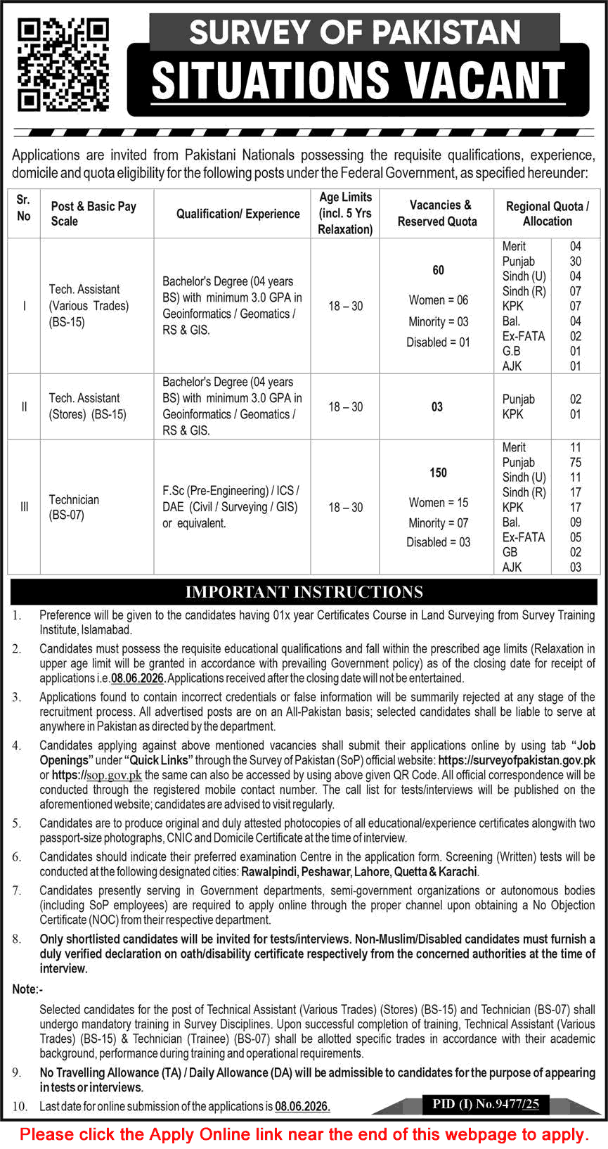 Job advertisement for Survey of Pakistan vacancies including Technical Assistant and Technician positions with application