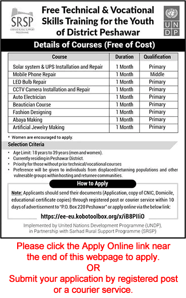 Free technical and vocational skills training courses flyer for youth in District Peshawar by SRSP and UNDP.