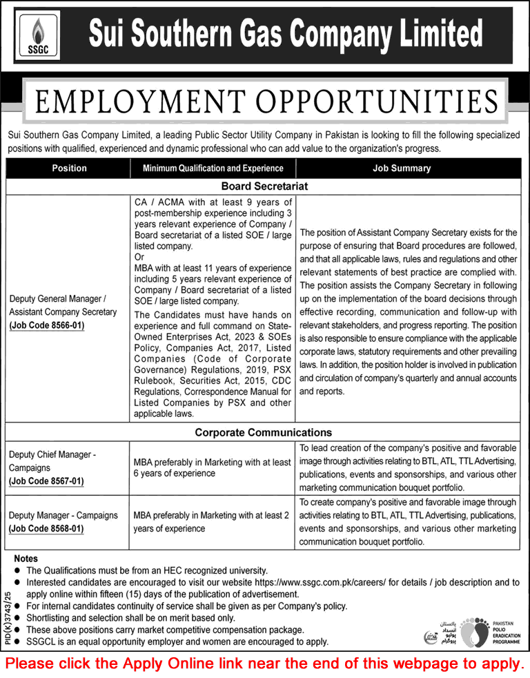 Job advertisement for Sui Southern Gas Company Limited showing employment opportunities for Company Secretary and Marketing