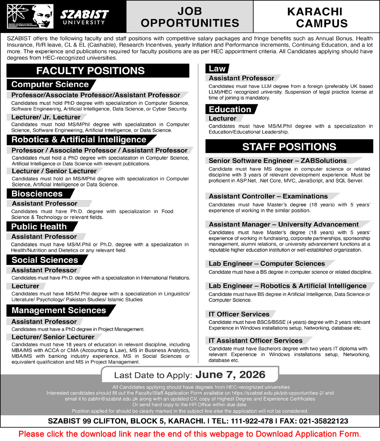 SZABIST University Karachi Campus job opportunities advertisement for faculty and staff positions across various academic