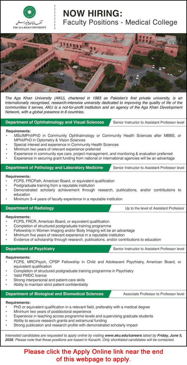 Aga Khan University job advertisement for Medical College faculty positions in Karachi, Pakistan.