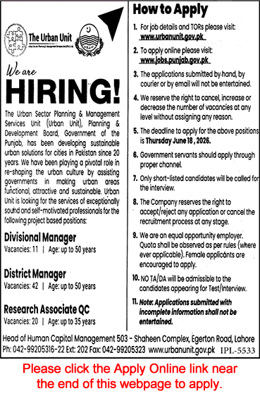 Job advertisement for The Urban Unit Punjab hiring Divisional Managers, District Managers, and Research Associates.