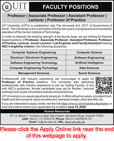 UIT University faculty job advertisement for Professor and Lecturer roles in Computer Science and Engineering.