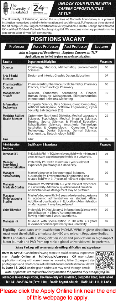 Job advertisement for academic and administrative positions at The University of Faisalabad including faculty and manager