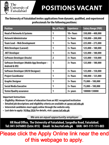 Job advertisement for The University of Faisalabad listing vacancies for software developers and IT professionals.