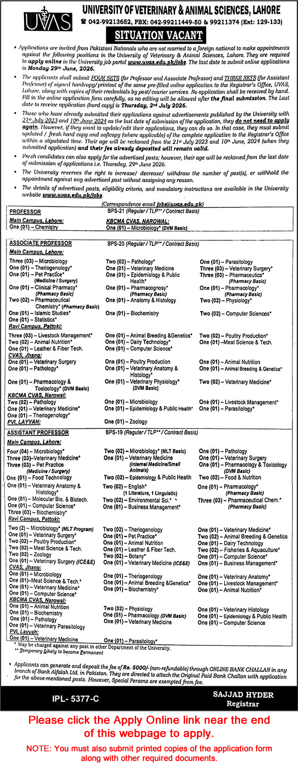 University of Veterinary and Animal Sciences UVAS job advertisement for Professor and Associate Professor positions in