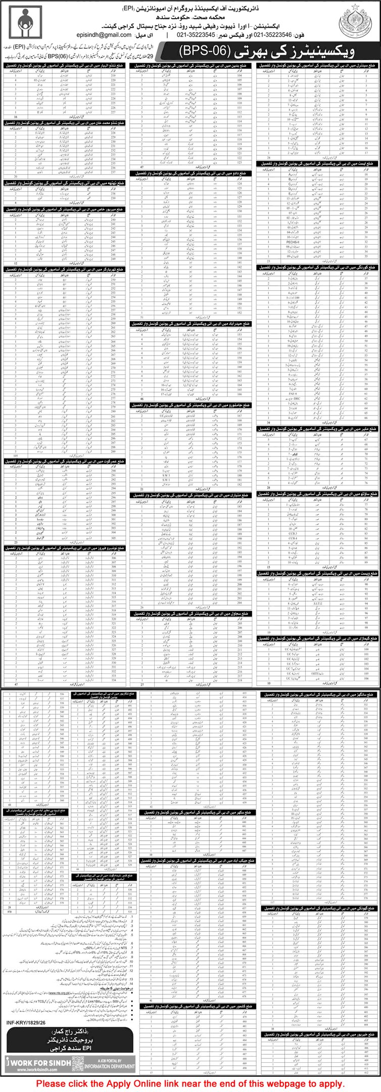 Job advertisement table for Sindh Health Department vaccinator positions BPS-06 with district-wise seat distribution.