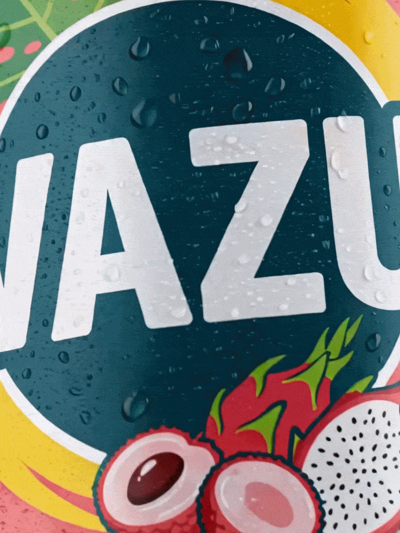 Refreshing WAZU energy drink can with water droplets, dragon fruit, and lychee illustrations.