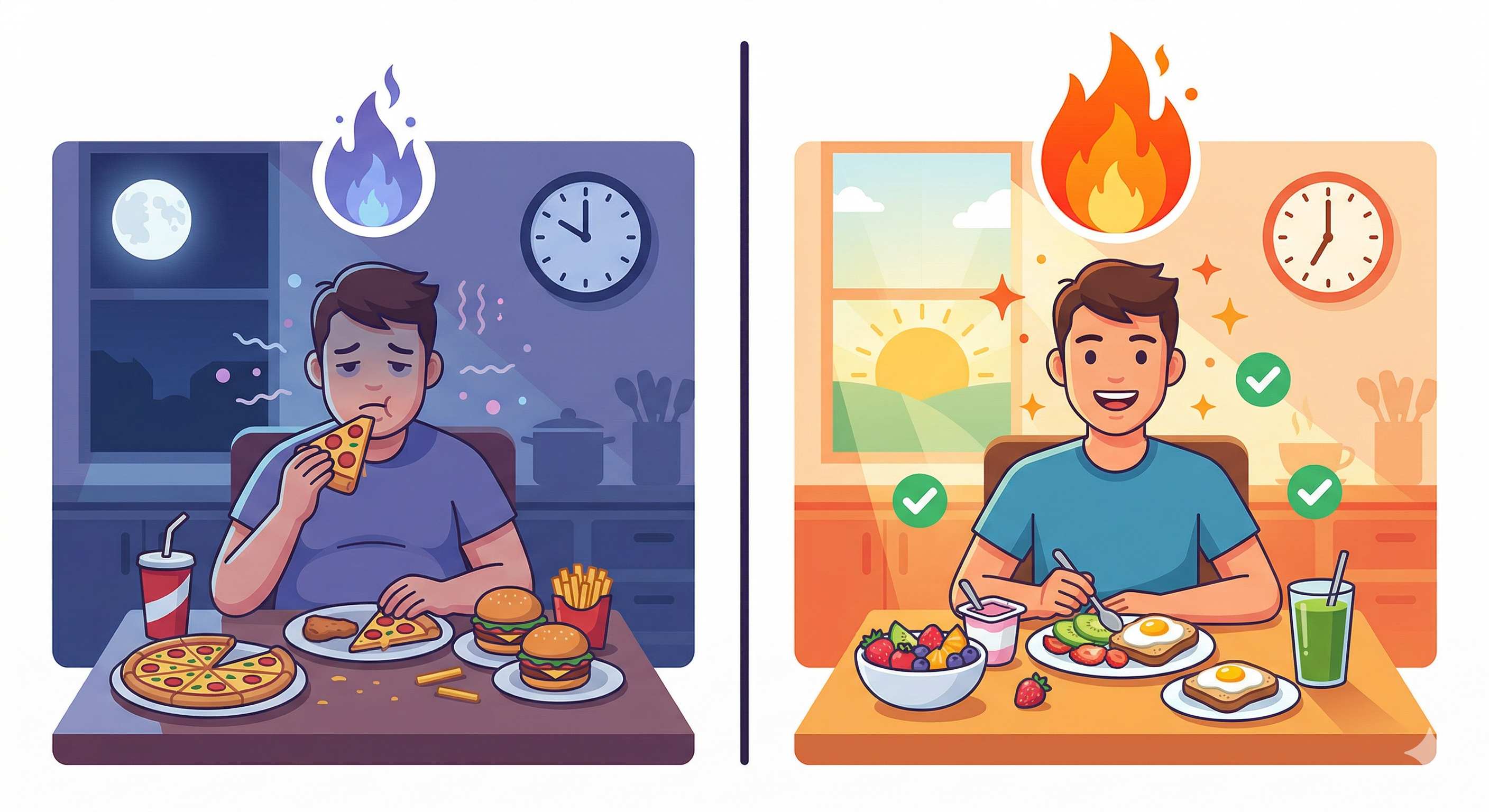 Reverse fasting vs late night eating metabolism comparison illustration