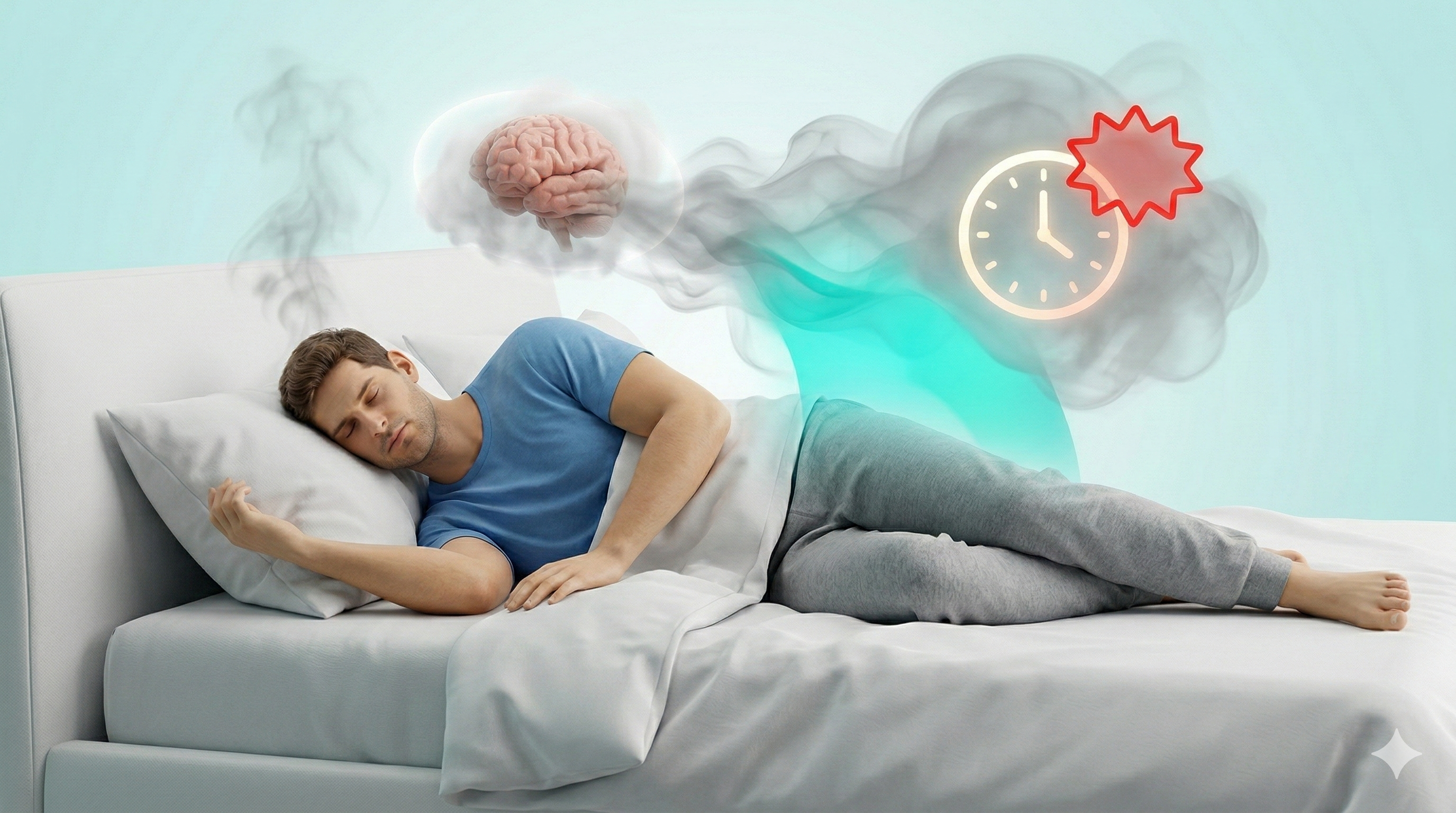 3D conceptual medical illustration showing how poor sleep and stress worsen metabolic brain fog.
