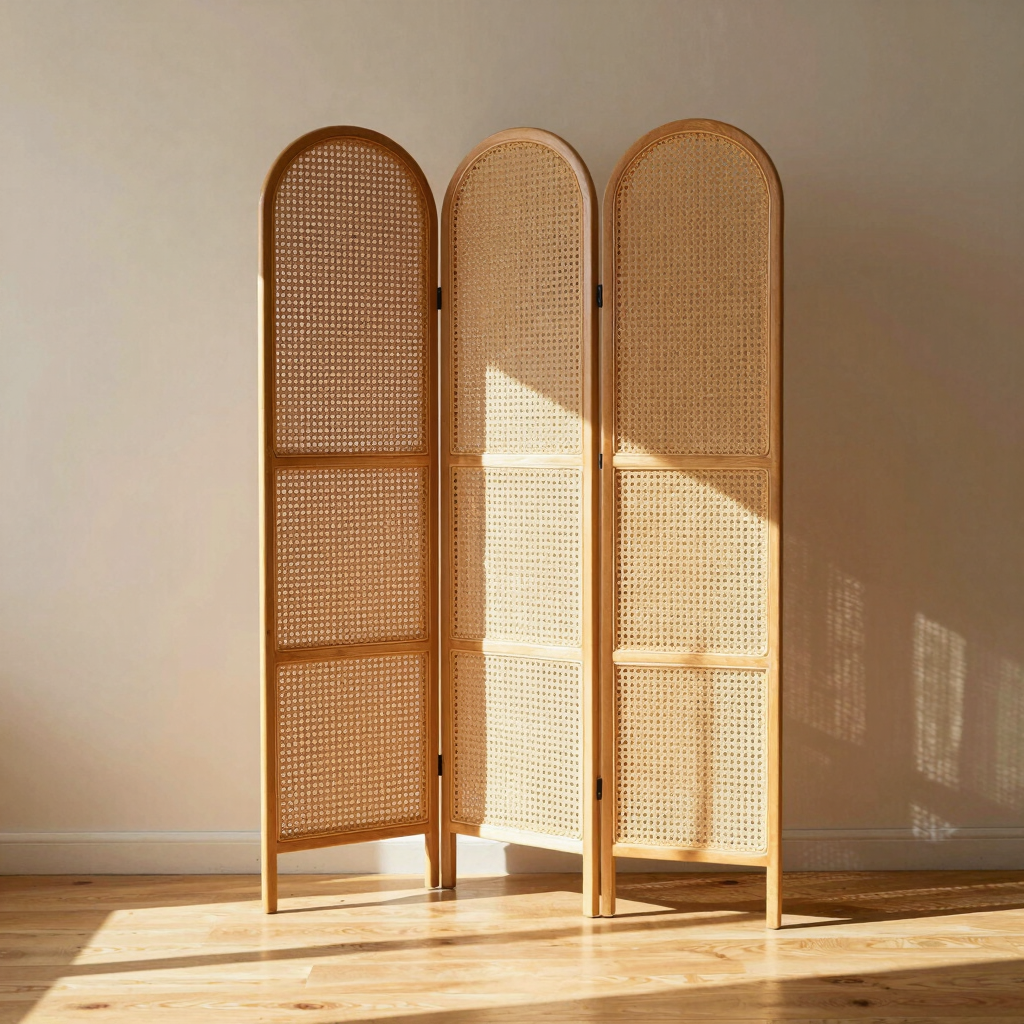 Braid Rattan Three-Panel Screen