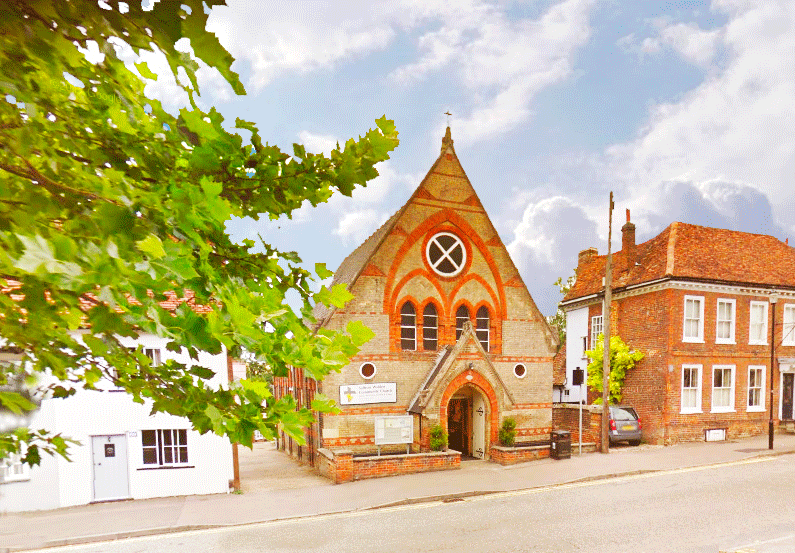 Saffron Walden Community Church on Castle Street, venue for Mini Musical Mayhem toddler music group near Swan Meadow carpark.