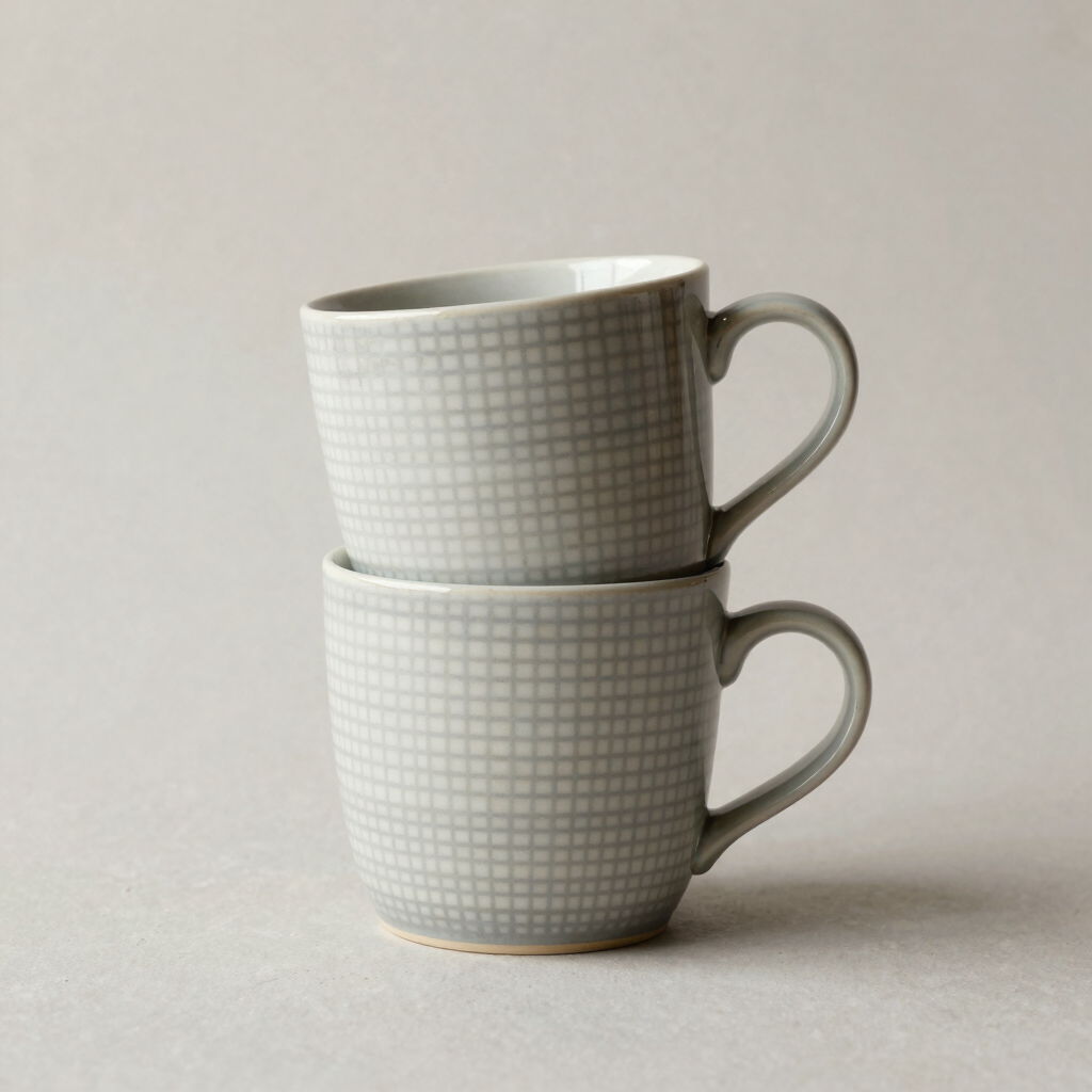 Grid-Pattern Ceramic Mug Set