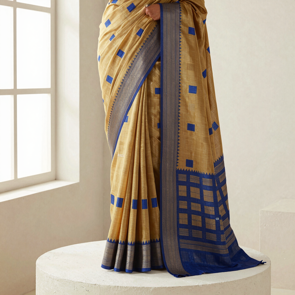Vasundhara Ochre Indigo Handblock Saree