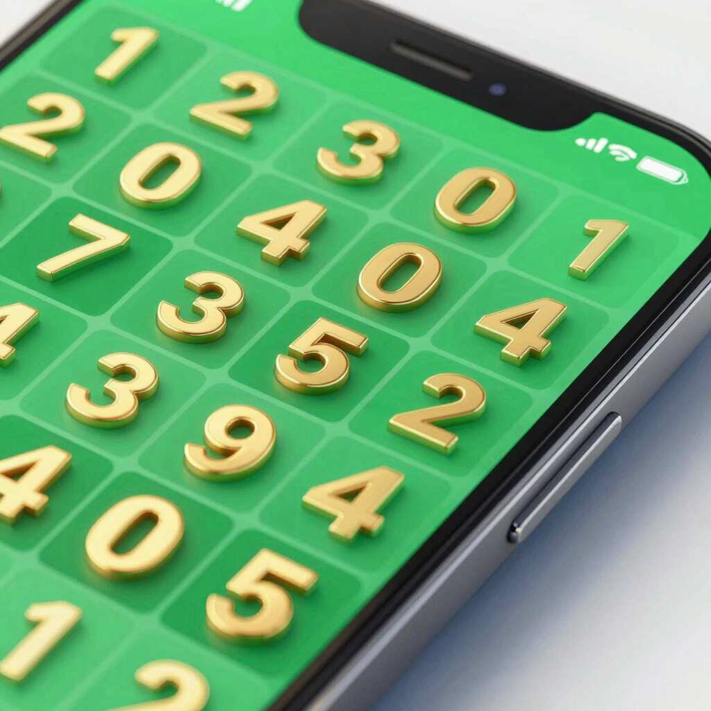 Close-up of a high-tech smartphone interface displaying a vibrant green lottery success screen with golden numbers, premium metallic reflections, octane render