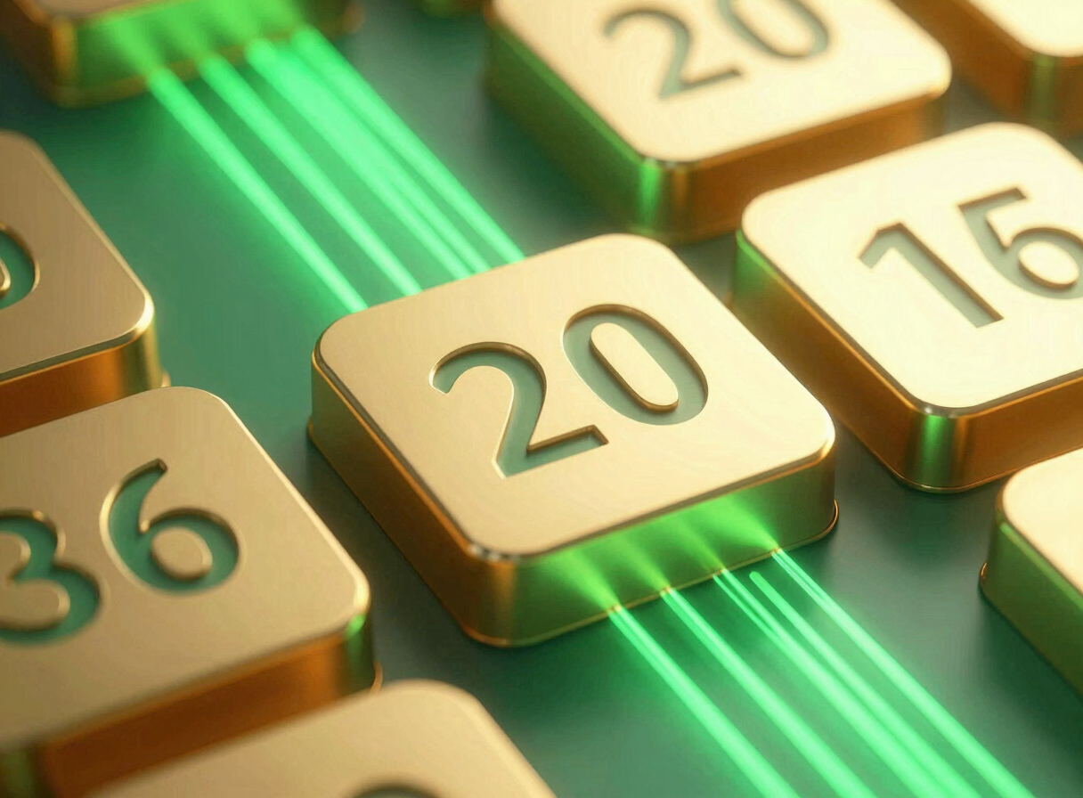 Abstract 3D render of gold lottery numbers and glowing green data streams, high-contrast metallic textures
