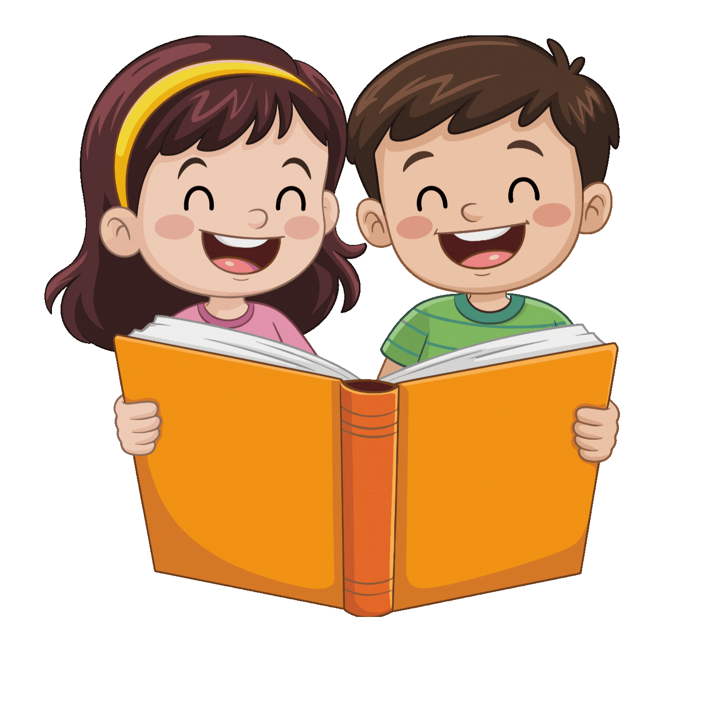 a boy and girl reading a book together