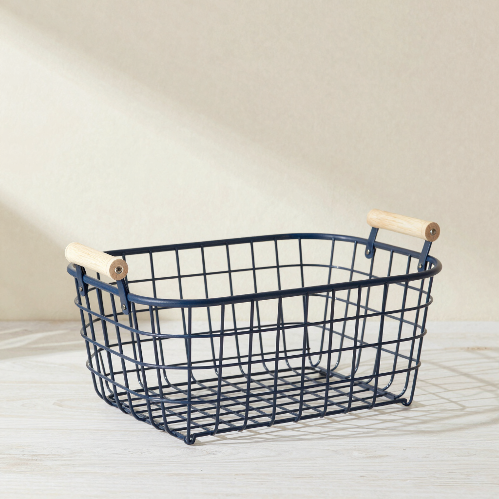 Wire Storage Basket with Oak Handles