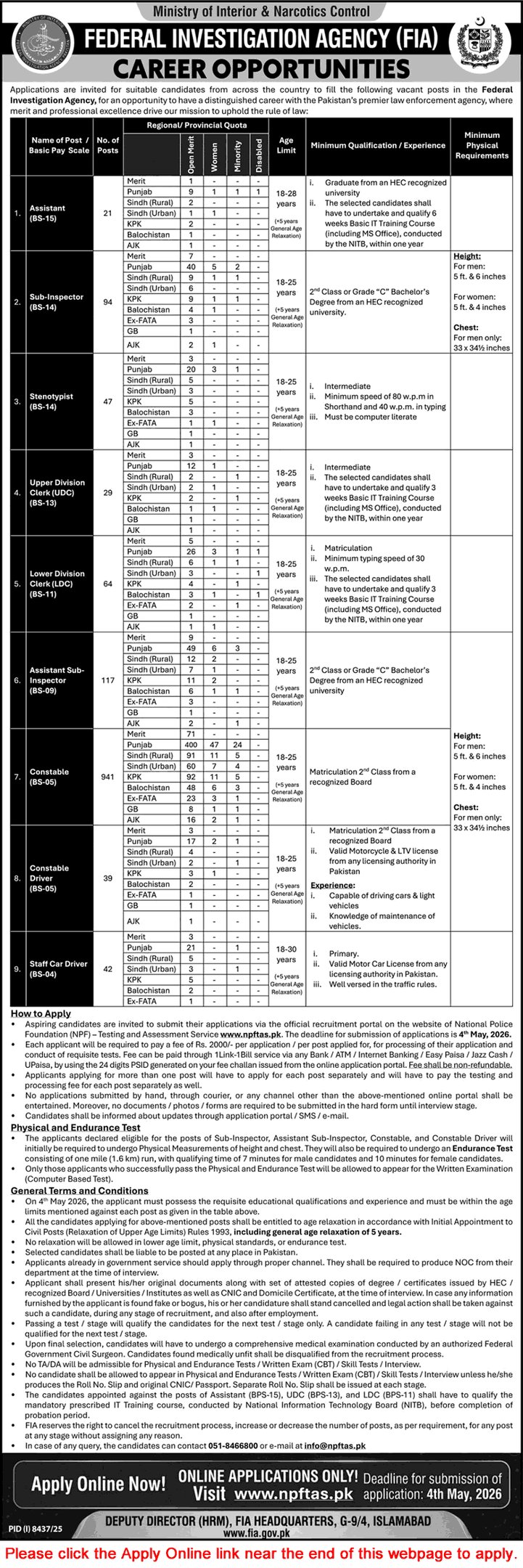 Federal Investigation Agency FIA career opportunities advertisement showing job vacancies for Assistant, Sub-Inspector