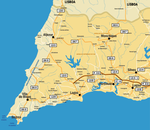Detailed road map of the Algarve region in Portugal featuring Lagos, Portimão, and Sagres.