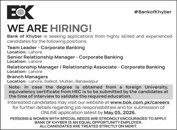 Bank of Khyber hiring advertisement for corporate banking and branch manager positions in Lahore, Sialkot, Multan, and