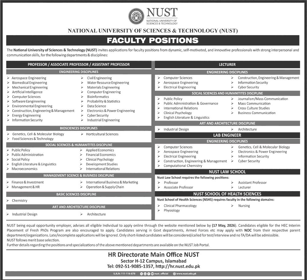 NUST faculty positions advertisement listing job openings for professors and lecturers in engineering and sciences.