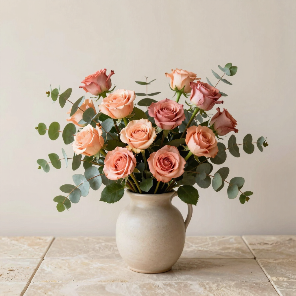Arreglo Floral Eucalipto y Rosas de Jardín