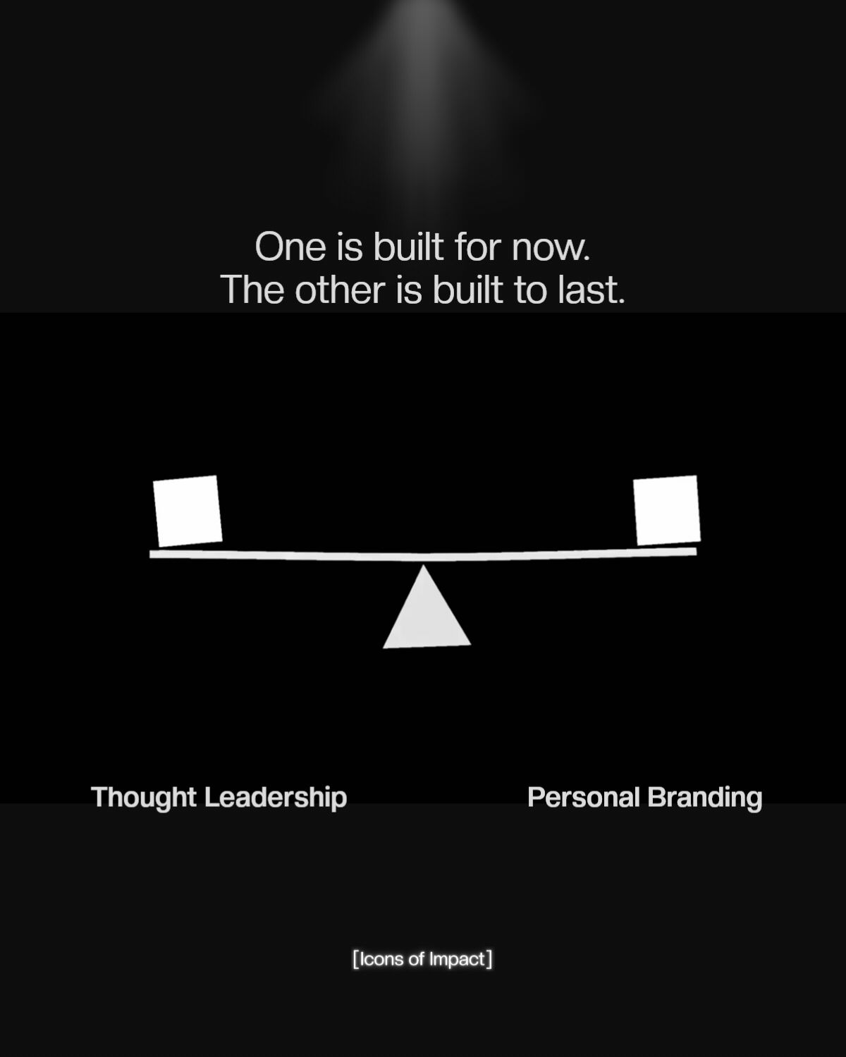 A balance scale graphic comparing thought leadership and personal branding on a black background.